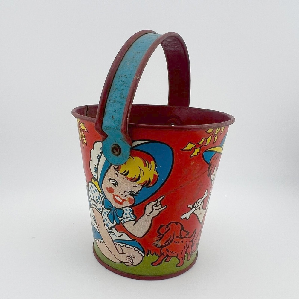 Vintage Ohio Art Tin Litho Children & Dogs Pail Red Metal Bucket‎ Rare